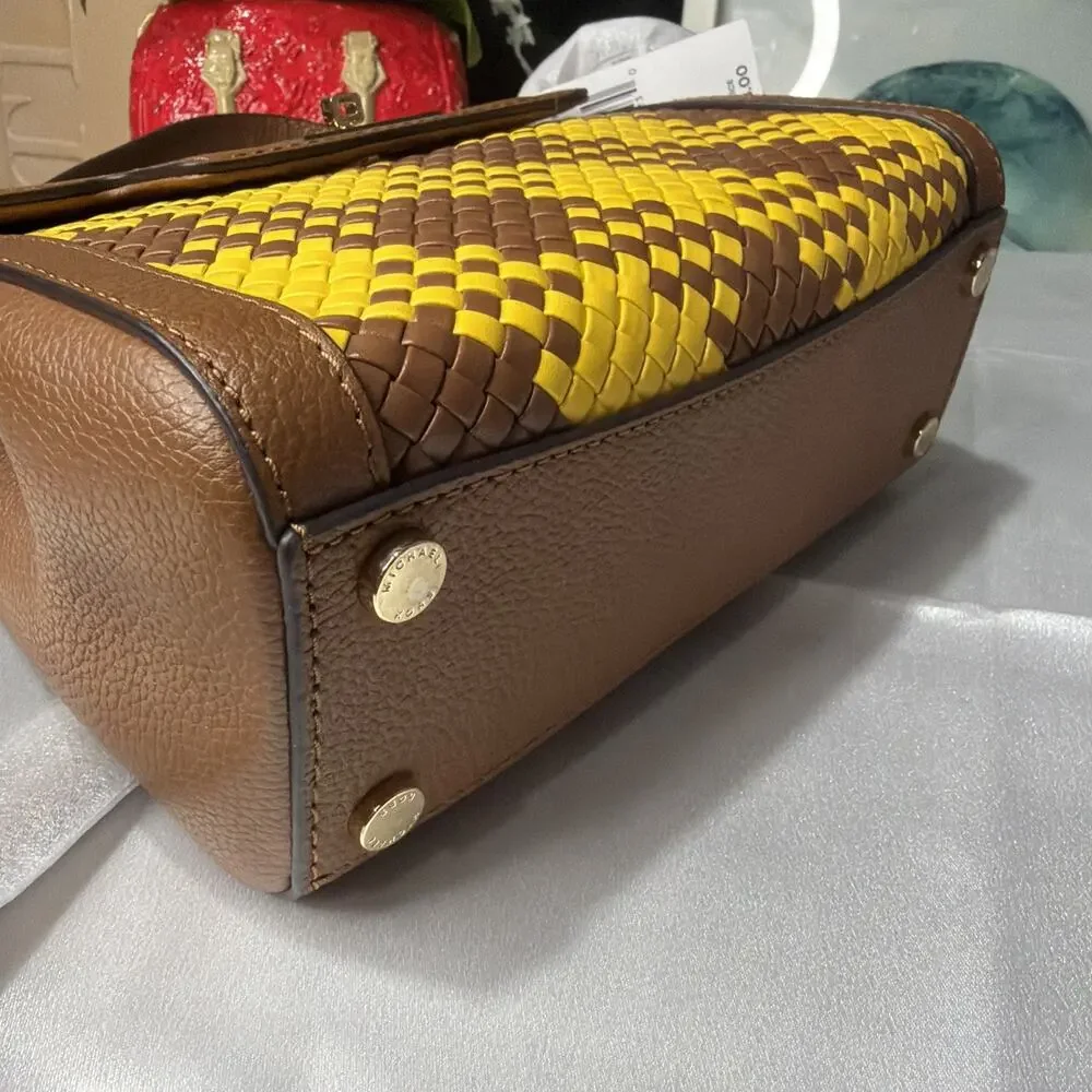 Michael Kors Karson Mini Bag Woven Yellow Leather Brown Top Handle B3M